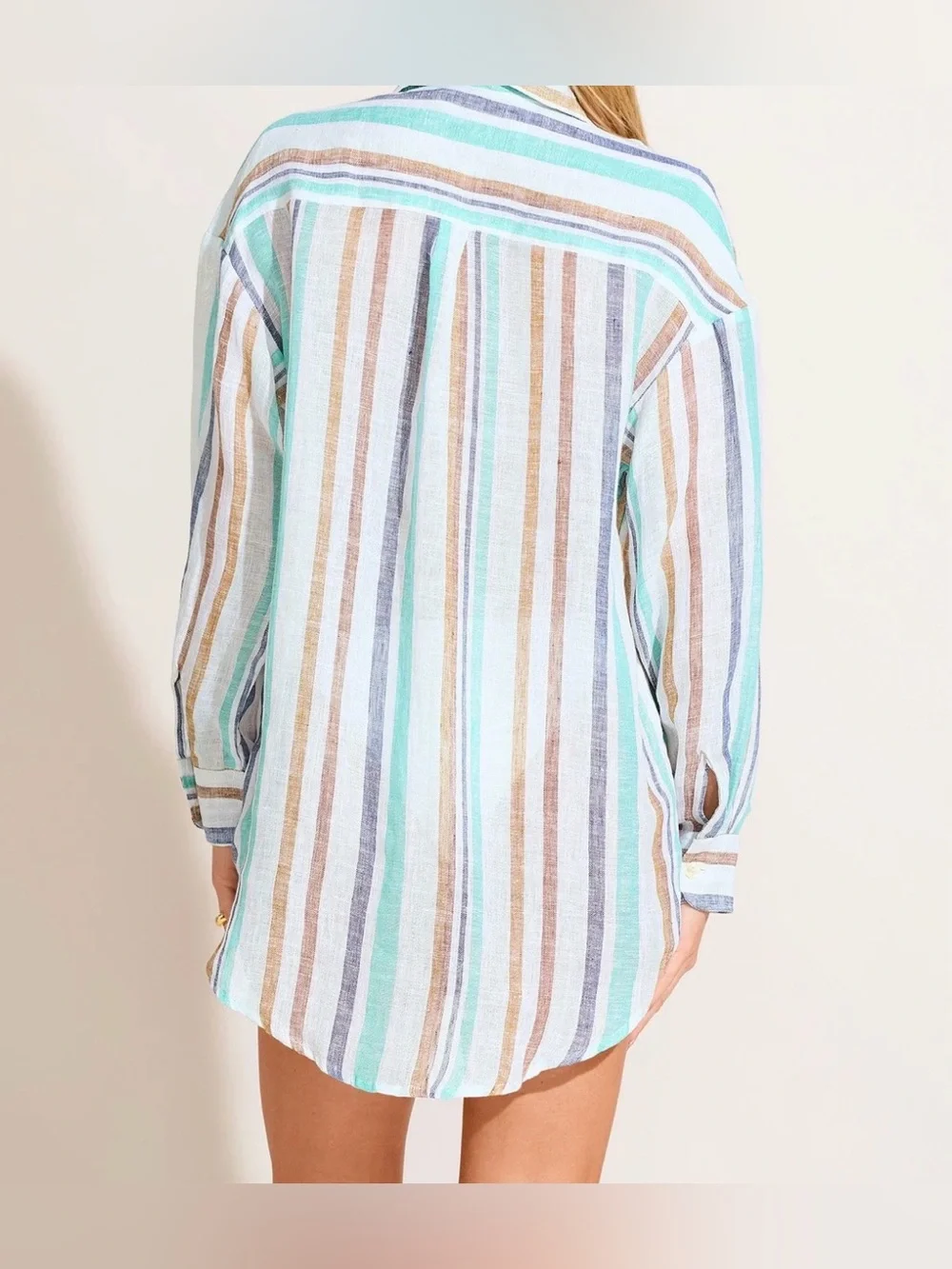NWT Vitamin A Swim Playa Linen Boyfriend Shirt, Tidal Stripe, Blue/White/Tan, XS